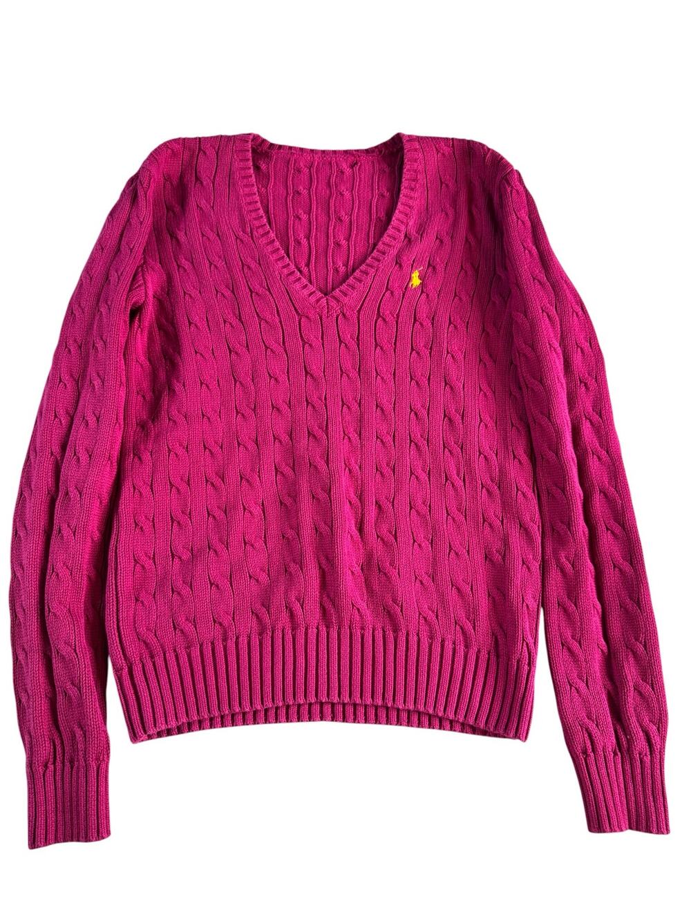Polo Ralph Lauren Womens Large Cable Knit V Neck Sweater Pink Yellow Pony